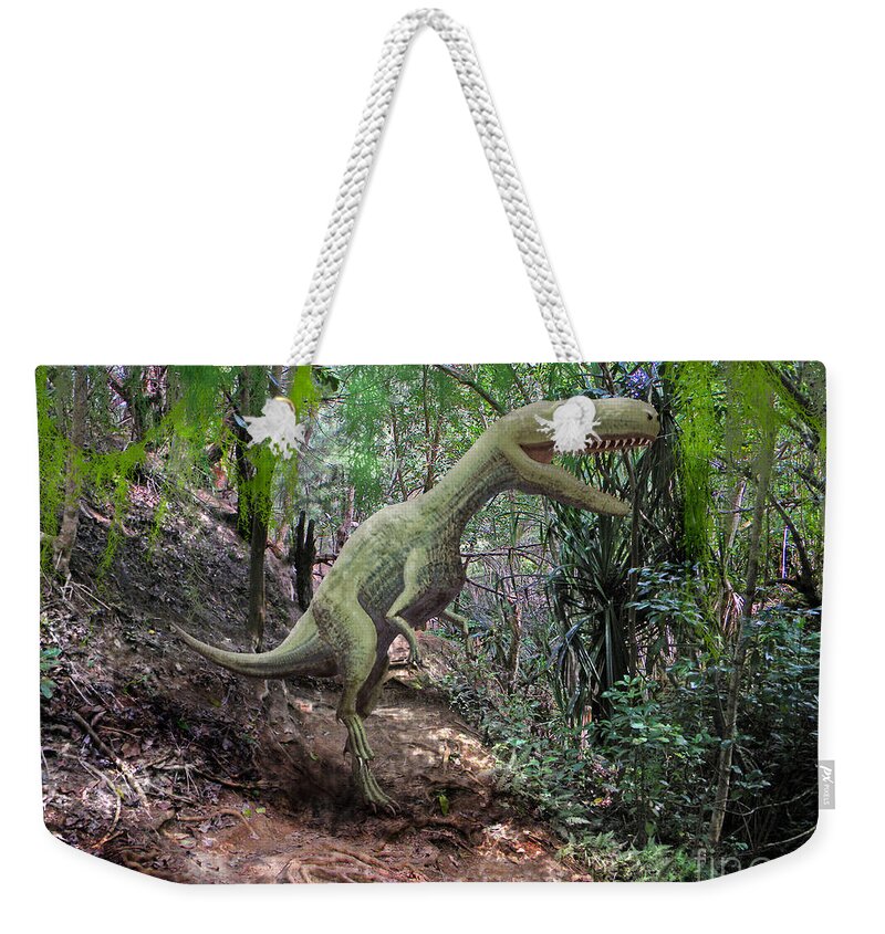 Dinosaur Art Weekender Tote Bag featuring the mixed media Yangchuanosaurus In Jungle by Frank Wilson