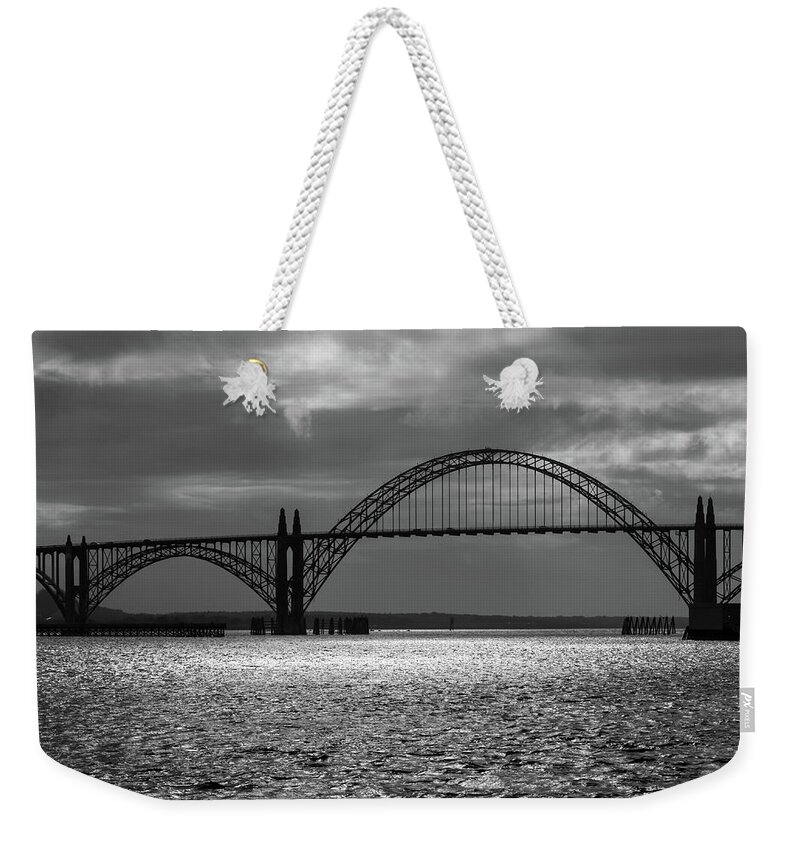 Yaquina Bay Bridge Weekender Tote Bag featuring the photograph Yaquina Bay Bridge Black And White by James Eddy