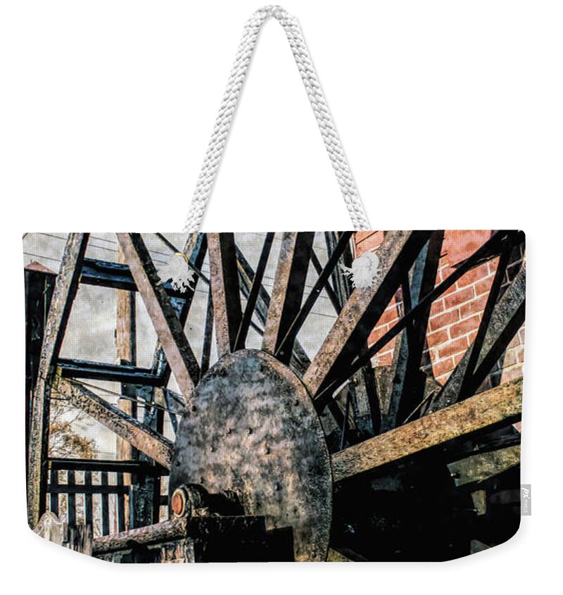 Yates Weekender Tote Bag featuring the photograph Yates Cider Mill Water Wheel by Joann Copeland-Paul