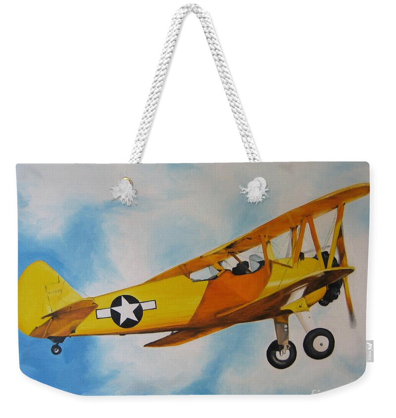 Noewi Weekender Tote Bag featuring the painting Yellow Airplane - Detail by Jindra Noewi