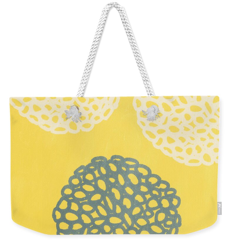 Yellow Weekender Tote Bag featuring the painting Yellow and Gray Garden Bloom by Linda Woods