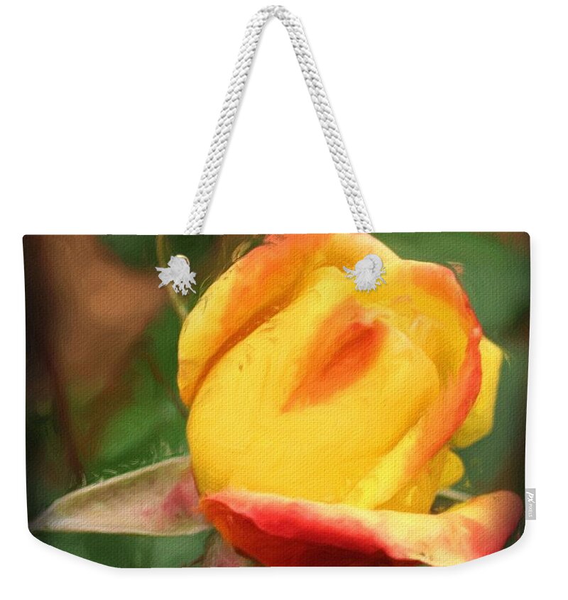 Rose Weekender Tote Bag featuring the painting Yellow And Orange Rosebud by Smilin Eyes Treasures