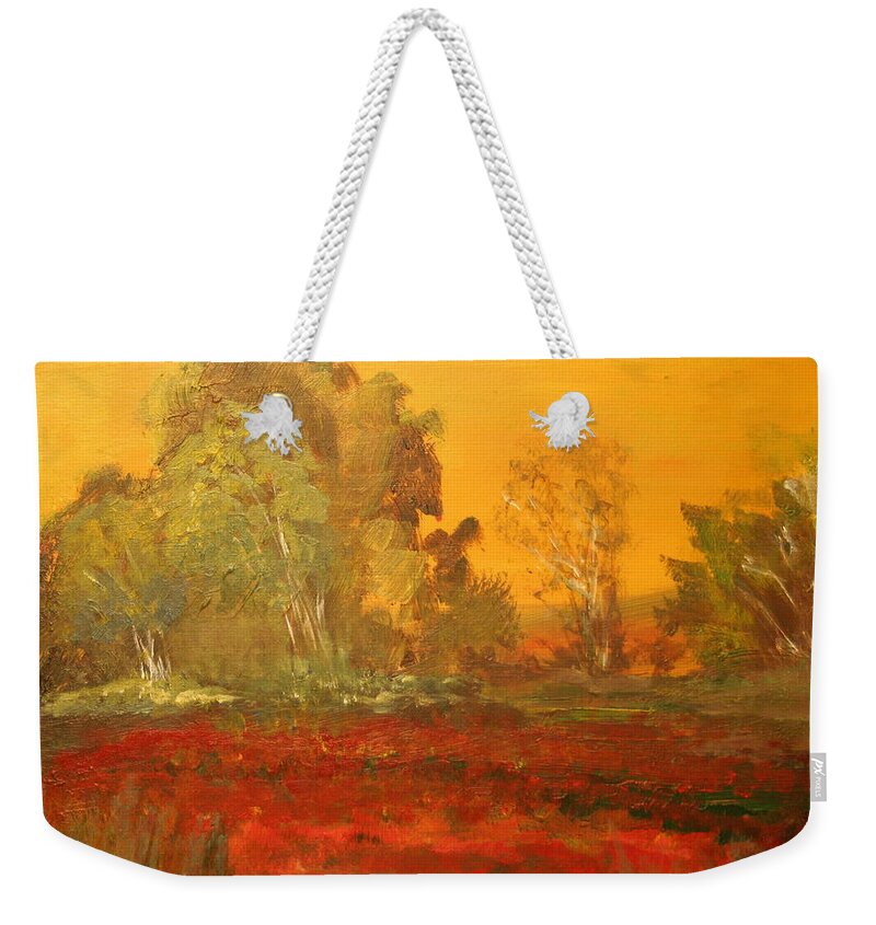 Paintings Weekender Tote Bag featuring the painting Yellow and Red landscape by Julie Lueders 
