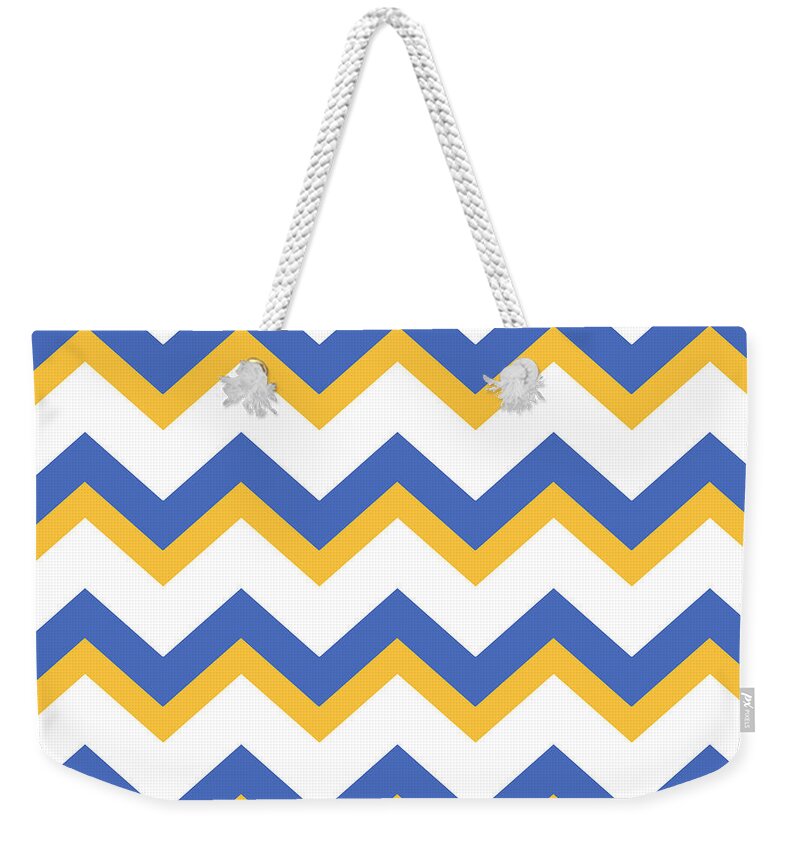 Chevron Weekender Tote Bag featuring the mixed media Yellow Blue Chevron Pattern by Christina Rollo