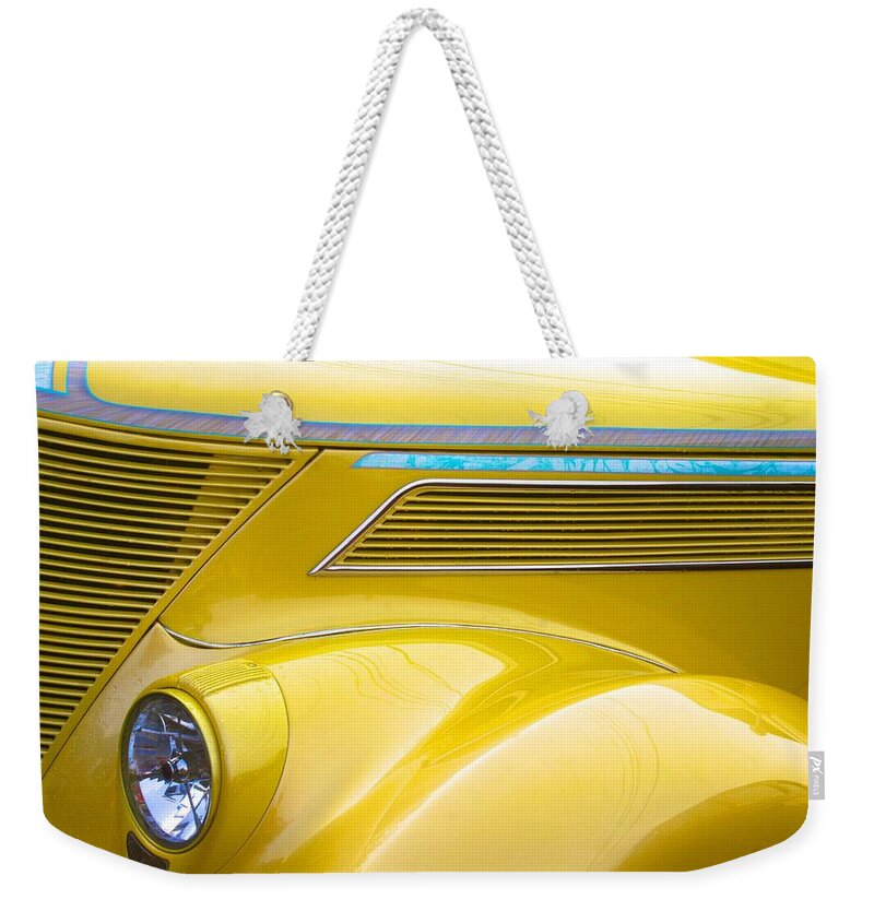  Weekender Tote Bag featuring the photograph Yellow Classic Car Contours by Polly Castor