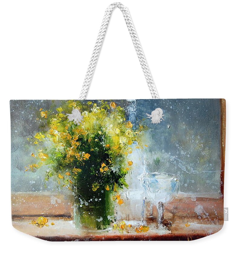 Russian Artists New Wave Weekender Tote Bag featuring the painting Yellow Flowers by Igor Medvedev
