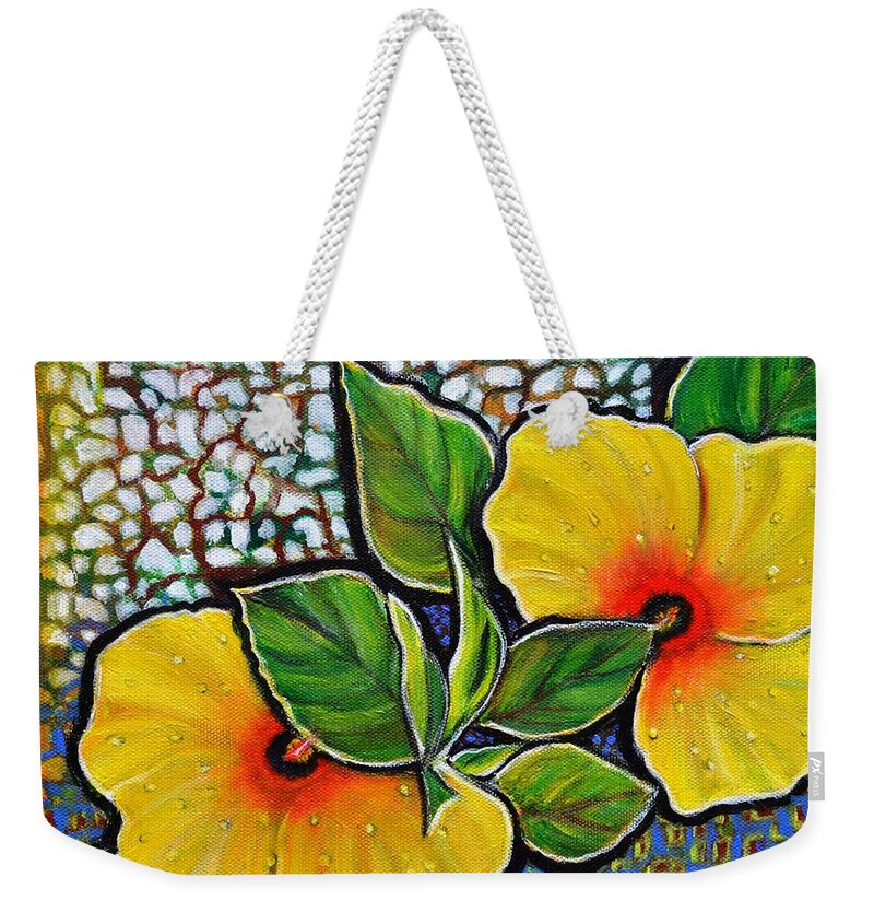 Hibiscus Weekender Tote Bag featuring the painting Yellow Hibiscus a decorative painting with mosaic style on sale by Manjiri Kanvinde