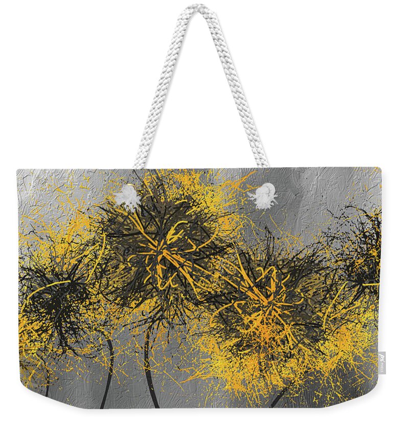 Yellow Weekender Tote Bag featuring the painting Yellow Hymns - Yellow and Gray Modern Abstract Art by Lourry Legarde