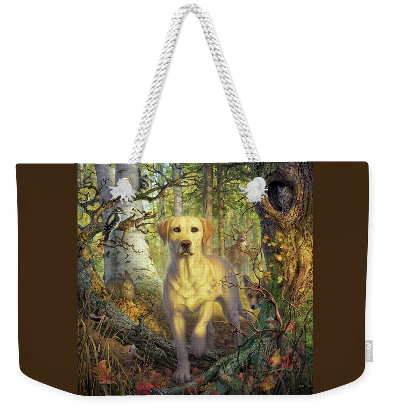 Labrador Weekender Tote Bag featuring the digital art Yellow Lab in Fall by Mark Fredrickson