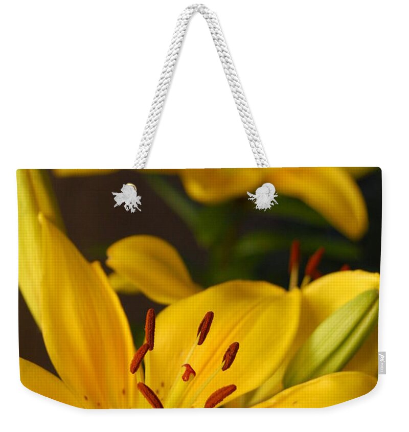 Flower Weekender Tote Bag featuring the photograph Yellow Lily Mirror by Amy Fose