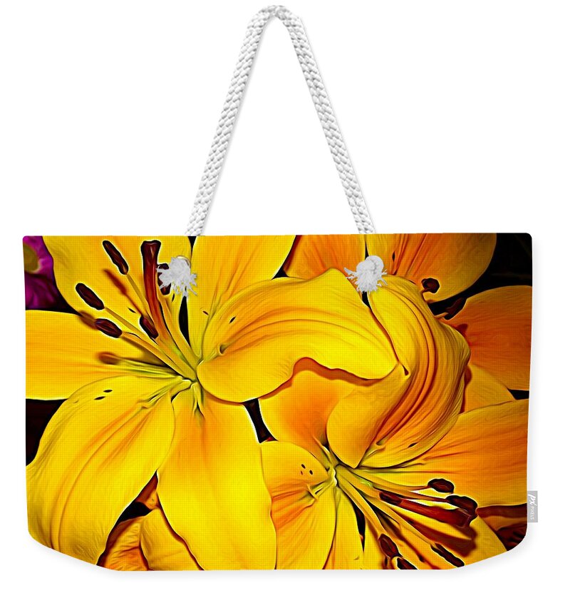 Yellow Orange Asiatic Lilies Expressionist Effect Weekender Tote Bag featuring the photograph Yellow Orange Asiatic Lilies Expressionist Effect by Rose Santuci-Sofranko