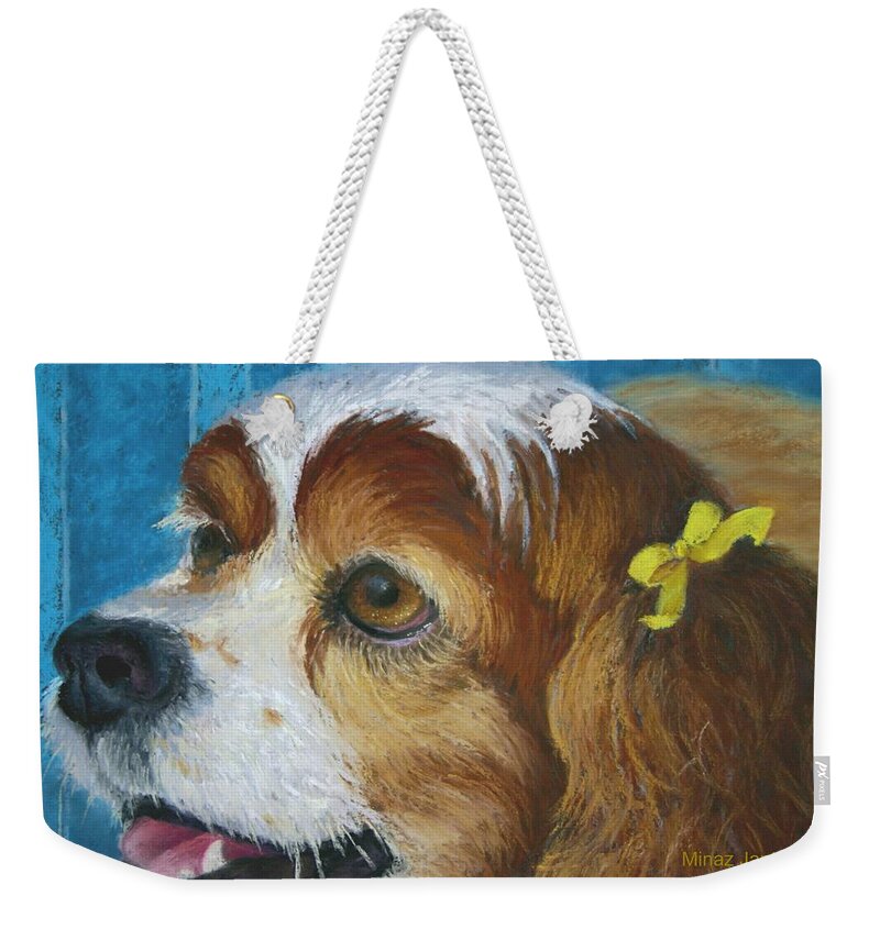 Spaniel Weekender Tote Bag featuring the painting Yellow Ribbons close-up by Minaz Jantz