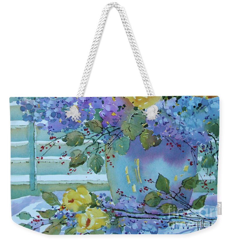 Floral Weekender Tote Bag featuring the painting Yellow Roses and Lilacs by Joyce Hicks