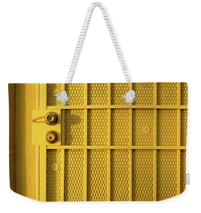 Yellow Weekender Tote Bag featuring the photograph Yellow Security Door Venice Beach California by David Smith