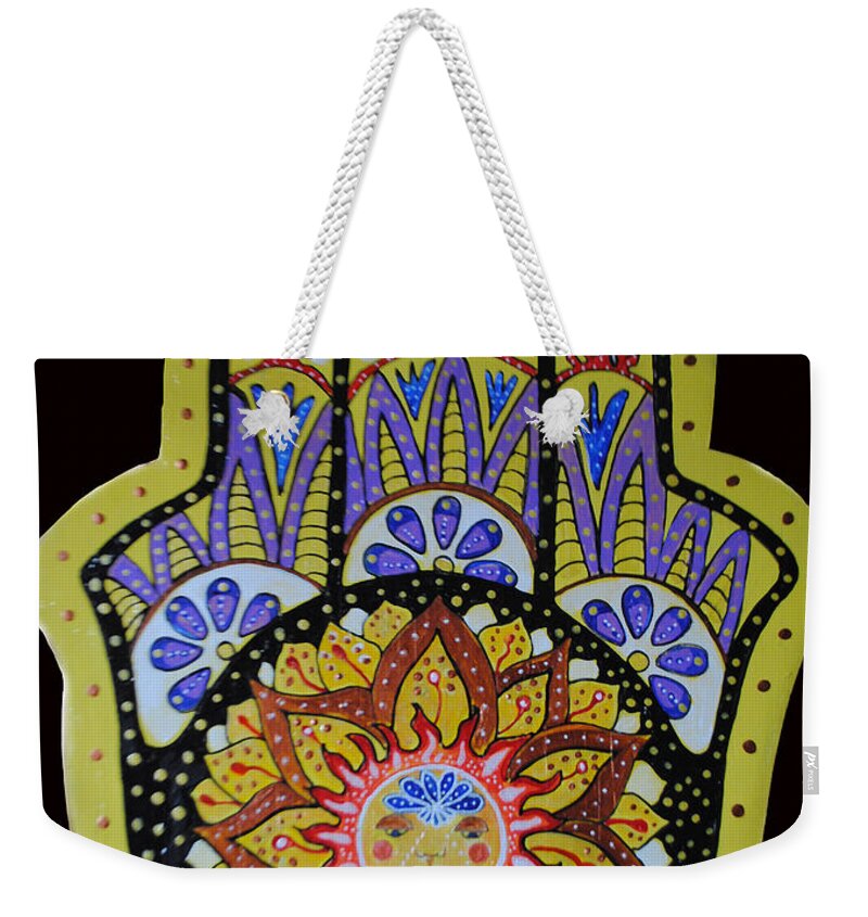 Yellow Hamsa Weekender Tote Bag featuring the painting Yellow Sun by Patricia Arroyo