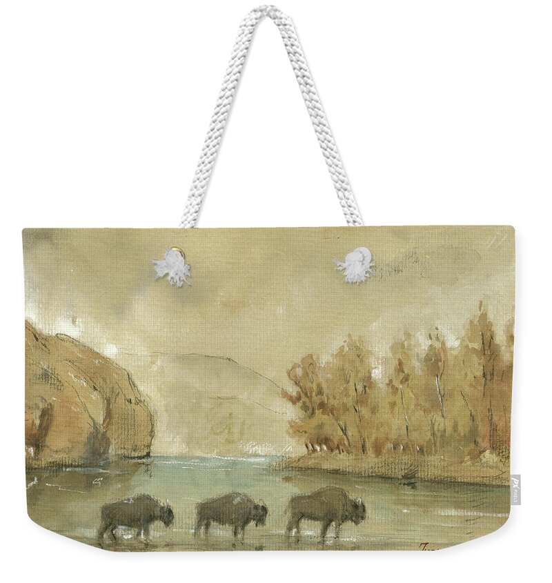 Yellowstone Weekender Tote Bag featuring the painting Yellowstone and bisons by Juan Bosco