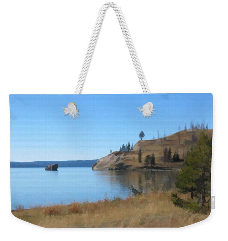 Yellowstone Weekender Tote Bag featuring the digital art Yellowstone Lake SE by Gary Baird