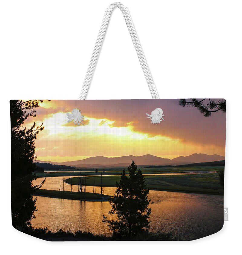 Yellowstone River Weekender Tote Bag featuring the photograph Yellowstone River Sunset by Lorraine Baum
