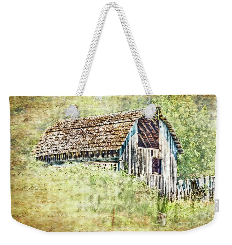 Country Weekender Tote Bag featuring the digital art Yesteryear Barn by Jean OKeeffe Macro Abundance Art