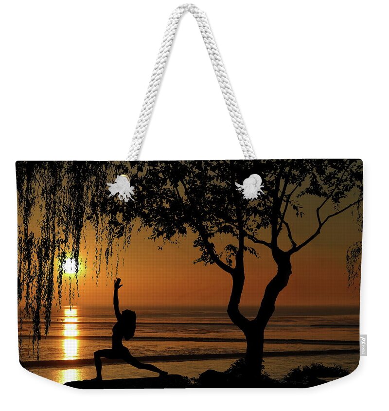 Yoga Weekender Tote Bag featuring the photograph Yoga By the Bay at Sunset by Andrea Kollo