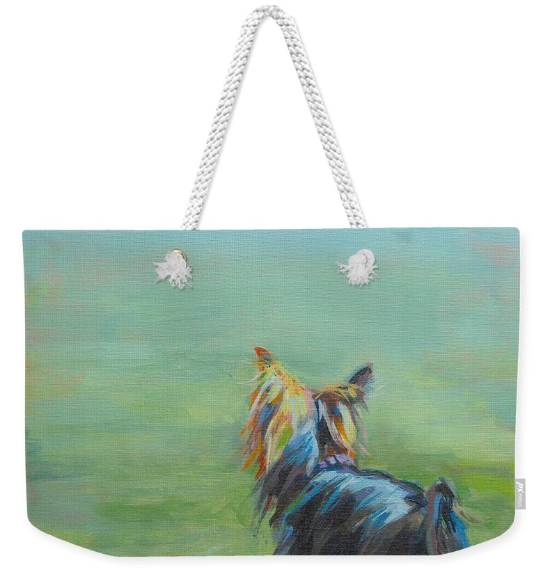 Yorkshire Terrier Weekender Tote Bag featuring the painting Yorkie in the Grass by Kimberly Santini