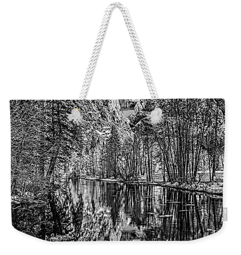 Yosemite Weekender Tote Bag featuring the photograph Yosemite Falls From the Swinging Bridge in Black and White by Bill Gallagher