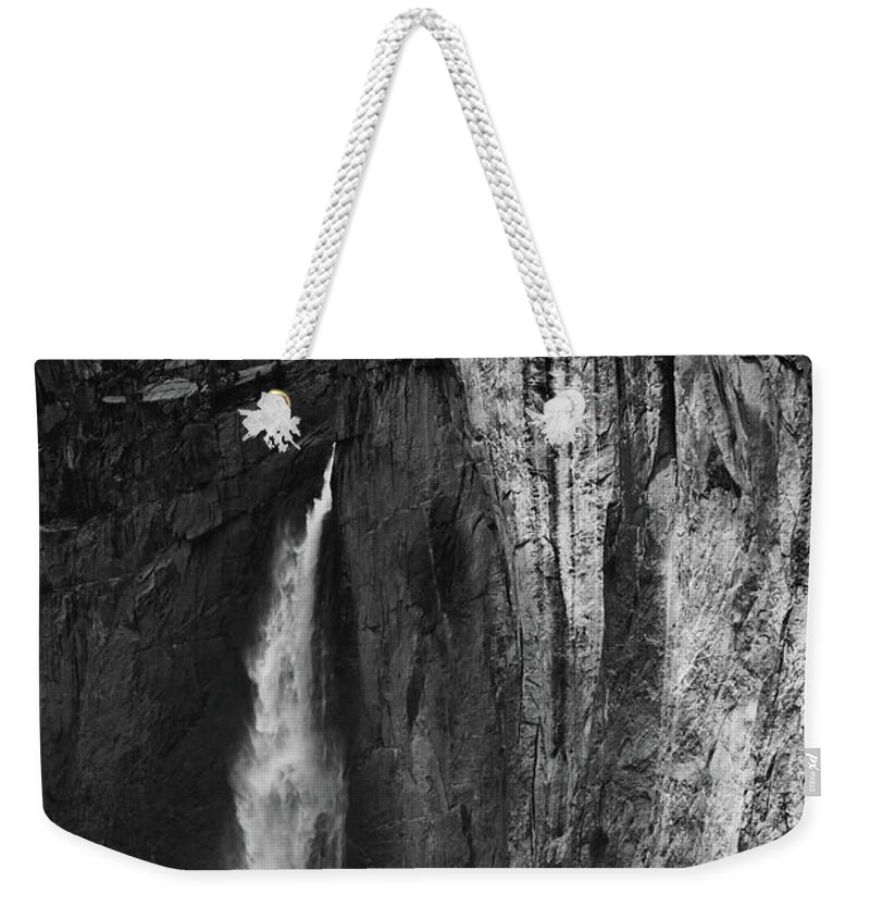 Yosemite National Park Weekender Tote Bag featuring the photograph Yosemite Falls Shadows Black White by Kyle Hanson