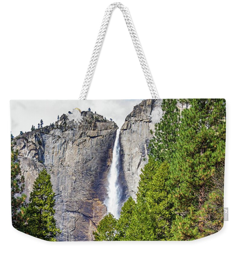 California Weekender Tote Bag featuring the photograph Yosemite Falls with pine trees by Roslyn Wilkins