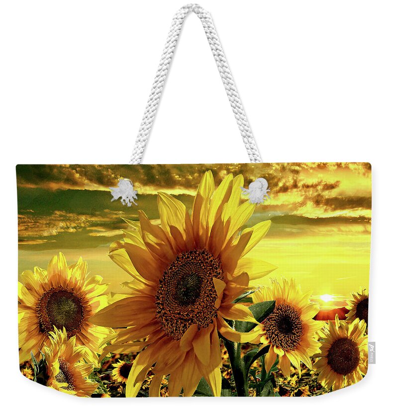 Sunflower Weekender Tote Bag featuring the mixed media Sunflowers Dancing in the Sun by Dave Lee