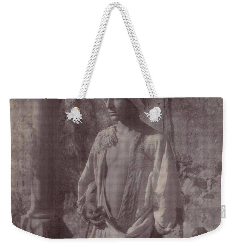 [young Man In White Robe And Head Gear Holding Scabbard Weekender Tote Bag featuring the painting Young Man in White Robe and Head Gear Holding Scabbard by MotionAge Designs