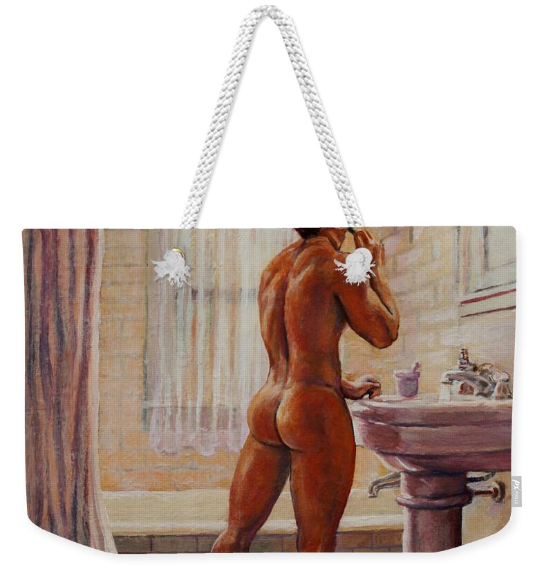 Bathroom Weekender Tote Bag featuring the painting Young Man Shaving by Marc DeBauch