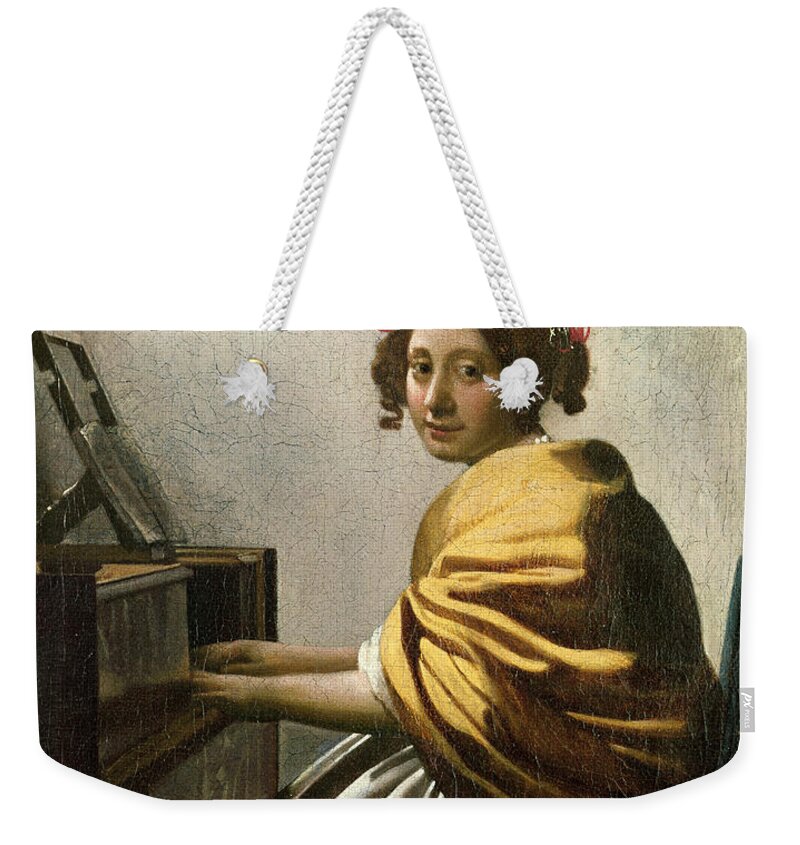 Young Woman At A Virginal Weekender Tote Bag featuring the painting Young Woman at a Virginal by Jan Vermeer
