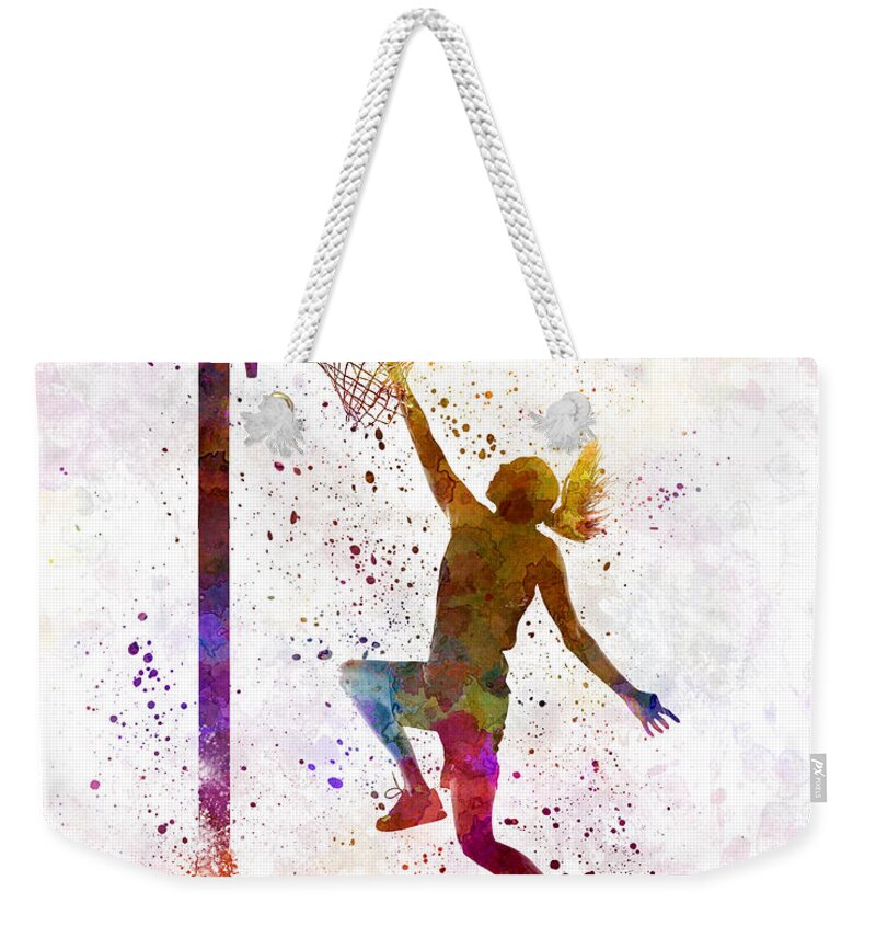Young Woman Player In Watercolor Weekender Tote Bag featuring the painting Young woman basketball player 04 in watercolor by Pablo Romero