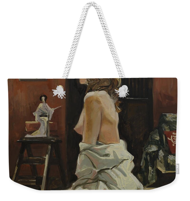 Russian Artists New Wave Weekender Tote Bag featuring the painting Young Woman Dressed in Male Shirt by Igor Sakurov
