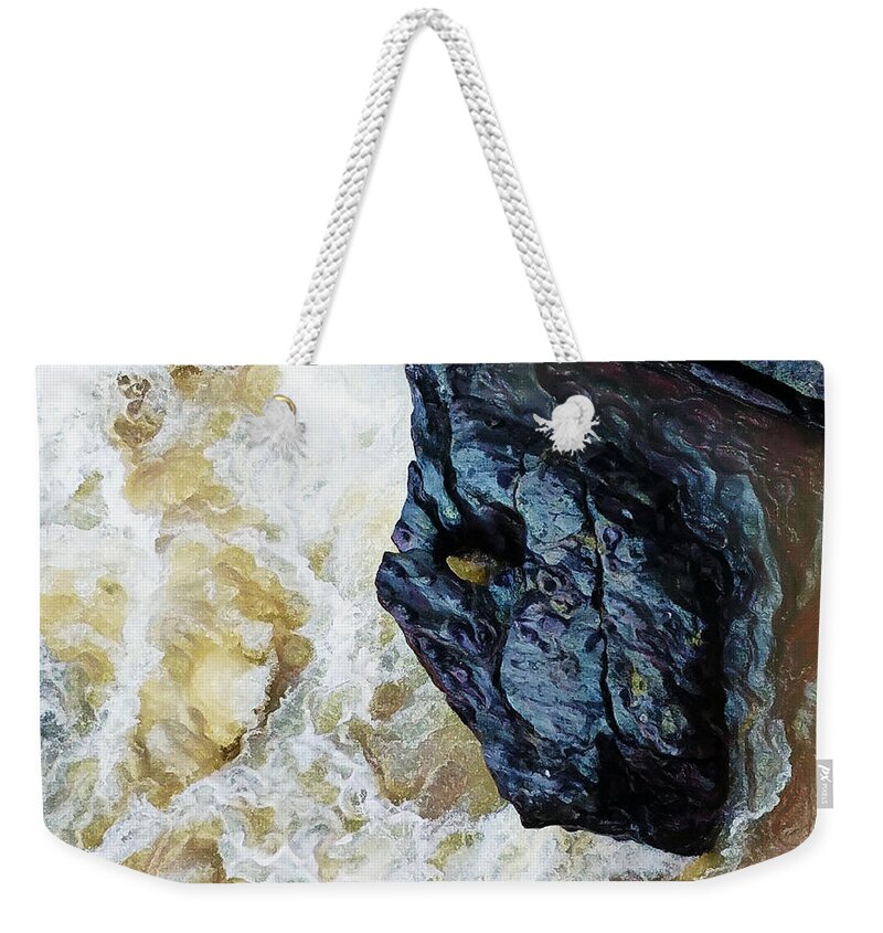 Yuba Blue Weekender Tote Bag featuring the digital art Yuba Blue Boulder in Stormy Waters by Lisa Redfern