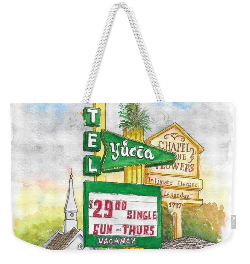Yucca Motel Weekender Tote Bag featuring the painting Yucca Motel and Little Chapel of the Flowers, Las Vegas, Nevada by Carlos G Groppa