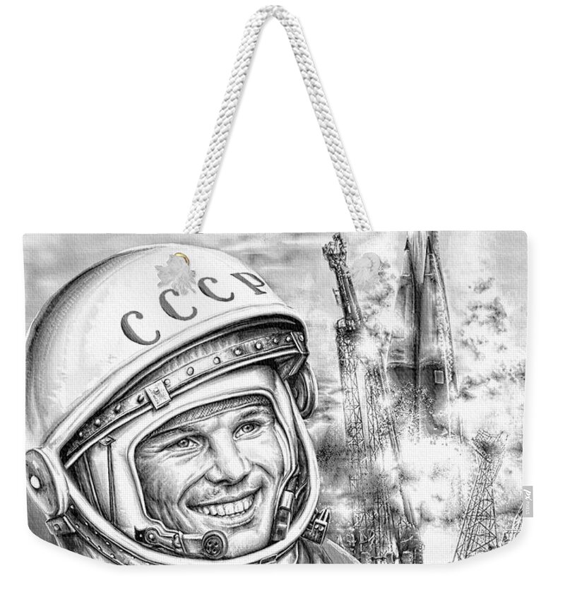 Yuri Gagarin Weekender Tote Bag featuring the digital art Yuri Gagarin - Cosmonaut 1961 by Ian Gledhill