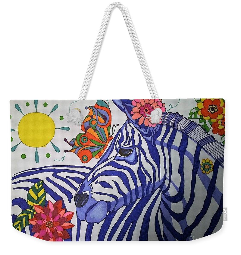 Zebra Weekender Tote Bag featuring the drawing Zebra and Things by Alison Caltrider