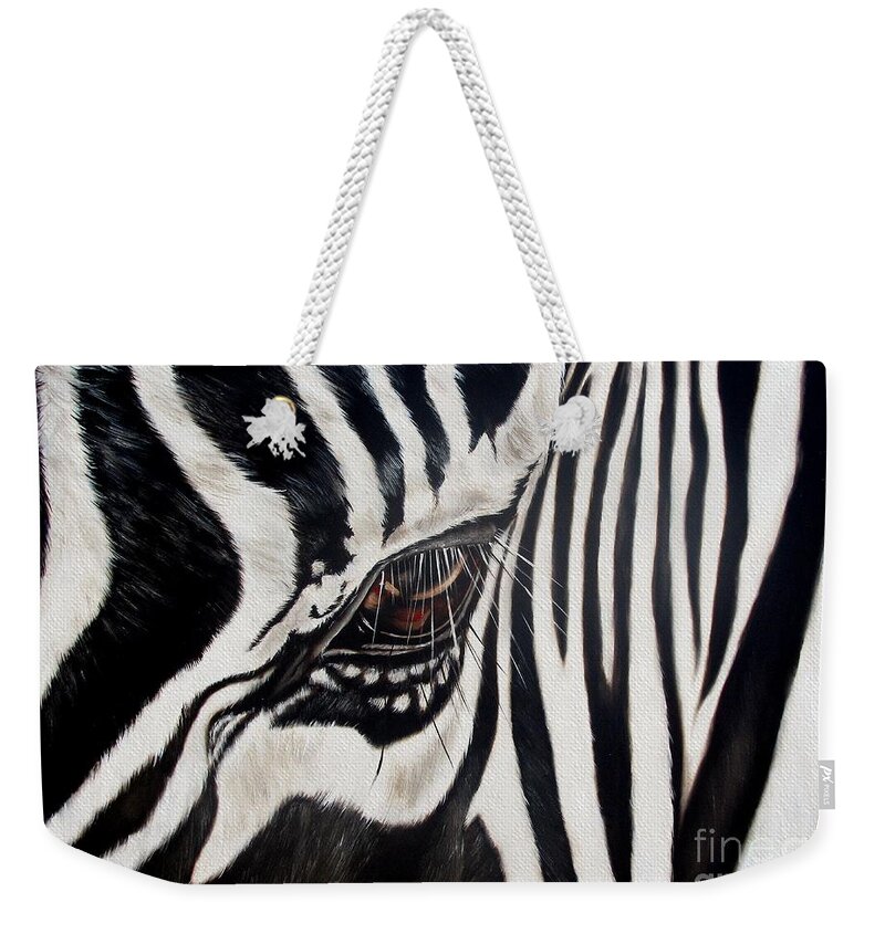 Zebra Weekender Tote Bag featuring the painting Zebra Eye by Ilse Kleyn