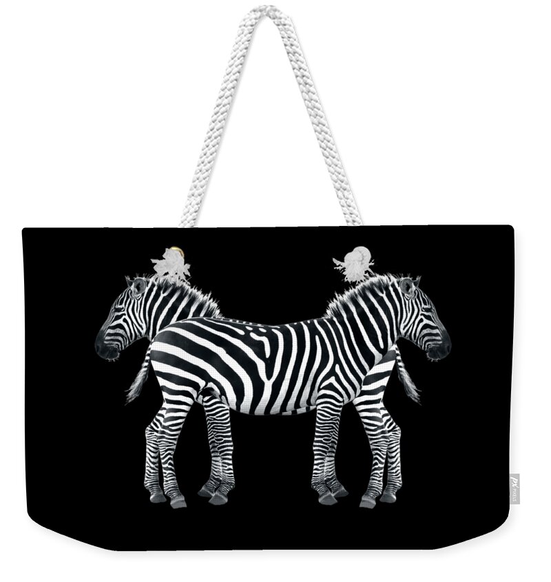 Africa Weekender Tote Bag featuring the photograph Zebra Pair On Black by Gill Billington