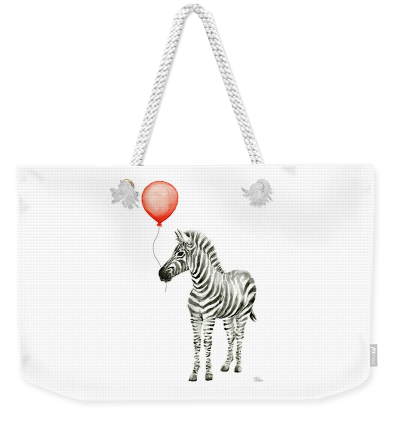 Zebra Weekender Tote Bag featuring the painting Zebra with Red Balloon Whimsical Baby Animals by Olga Shvartsur