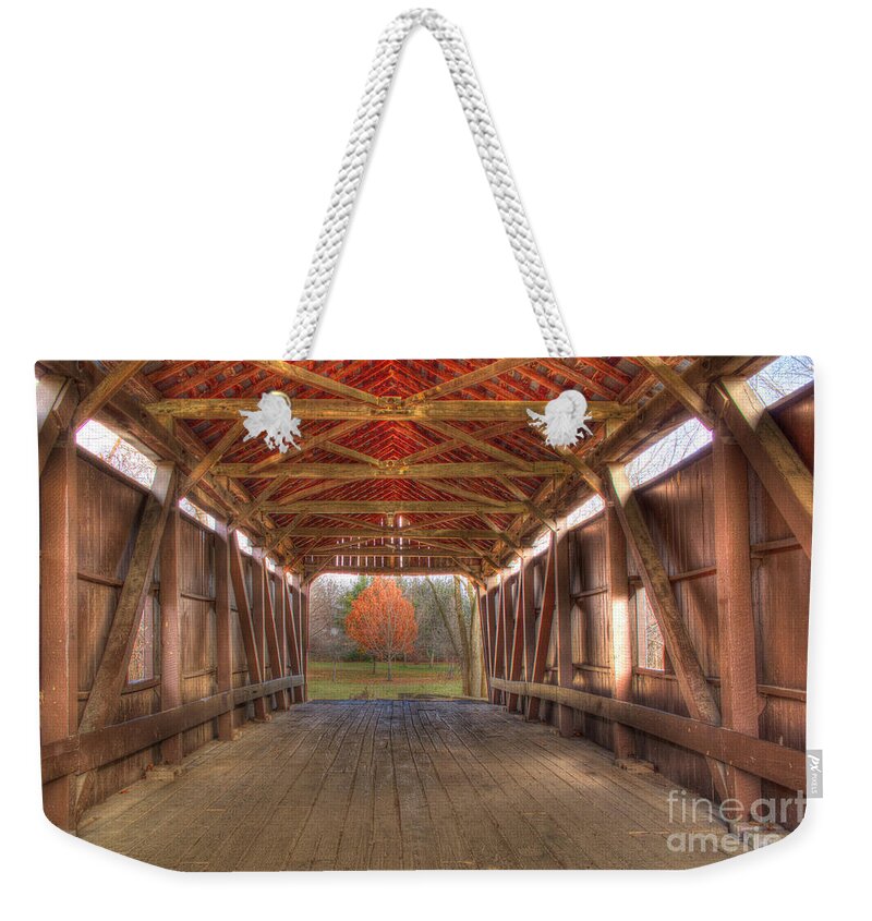 Bridge Weekender Tote Bag featuring the photograph Sycamore Park Covered Bridge by Sharon McConnell