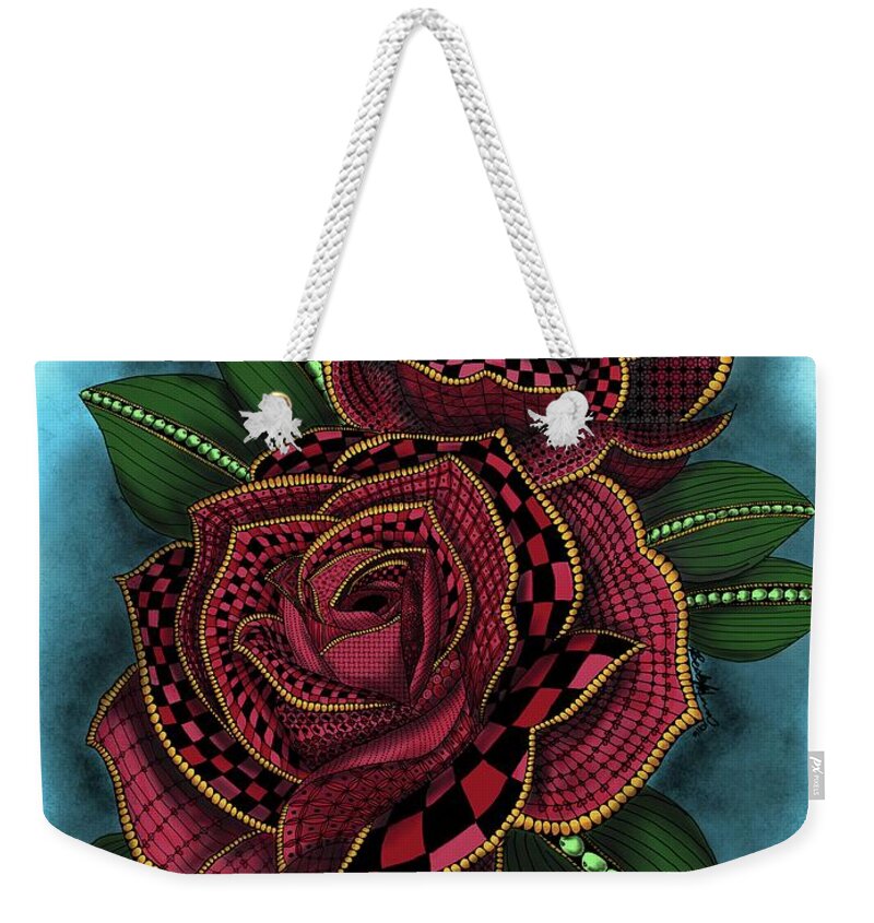 Rose Weekender Tote Bag featuring the painting Zentangle Tattoo Rose Colored by Becky Herrera