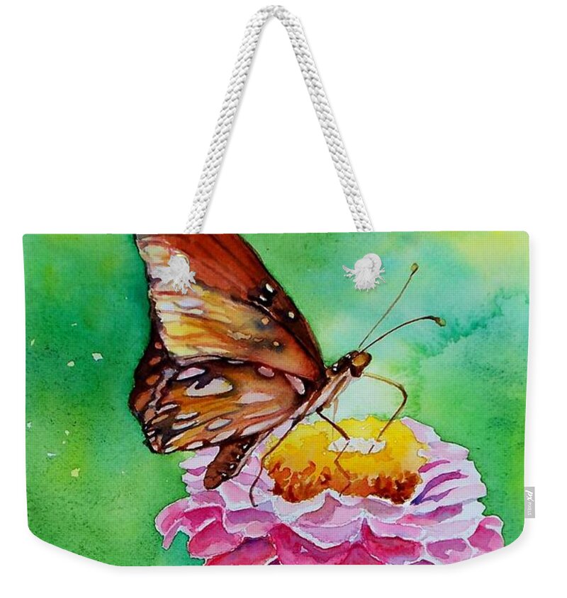 Butterfly Weekender Tote Bag featuring the painting Zinnia Allure by Celene Terry