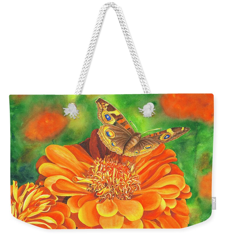 Zinnia With Butterfly Weekender Tote Bag featuring the painting Zinnia Runway by Lori Taylor