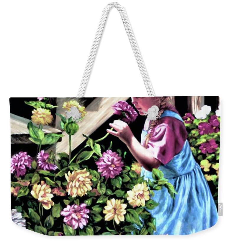 Zinnias Weekender Tote Bag featuring the painting Zinnias and Elizabeth by Marie Witte