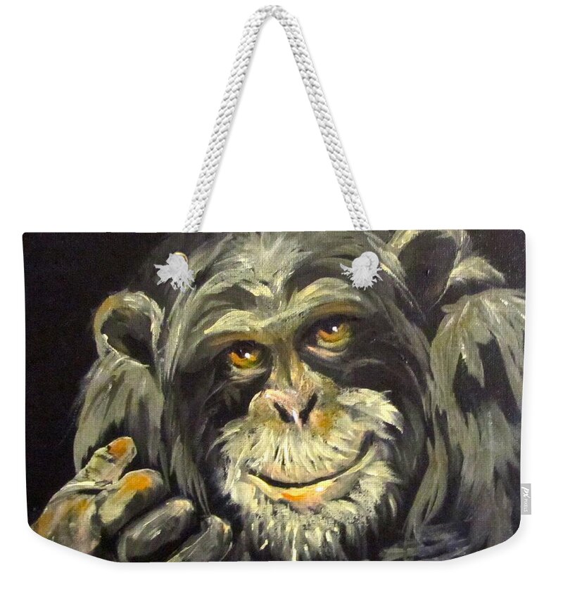 Chimp Weekender Tote Bag featuring the painting Zippy by Barbara O'Toole