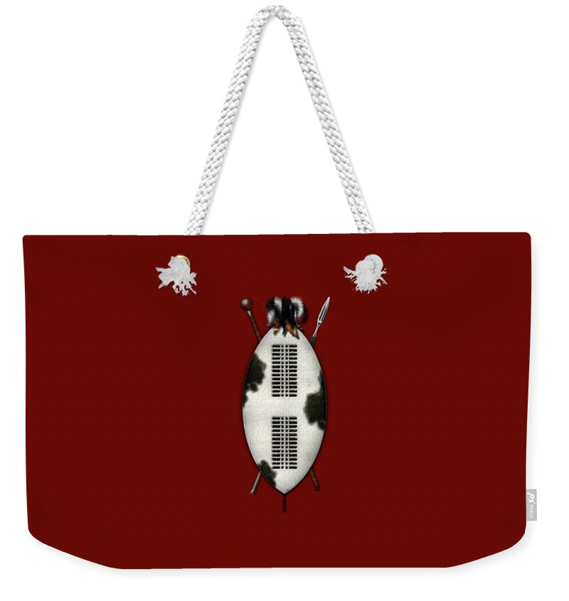'war Shields' Collection By Serge Averbukh Weekender Tote Bag featuring the digital art Zulu War Shield with Spear and Club on Red Velvet by Serge Averbukh