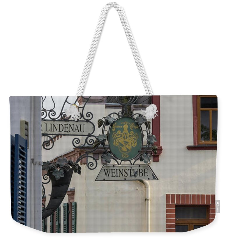 Rudesheim Weekender Tote Bag featuring the photograph Zur Lindenau Weinstub Sign by Teresa Mucha