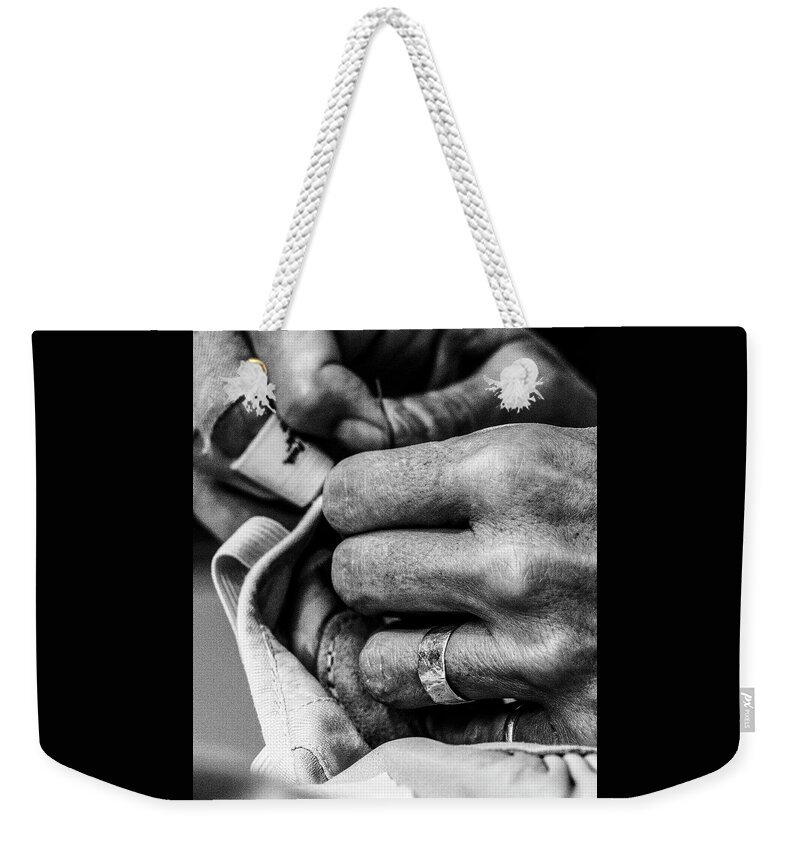Sewing Weekender Tote Bag featuring the photograph 016 - Theresa Sewing by David Ralph Johnson